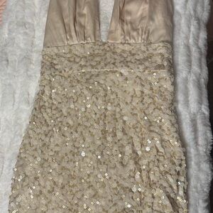 Bebe Cream Sequin Asymmetrical Sheath Dress